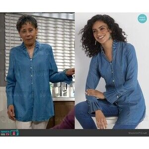 Soft Surroundings Women's LG Top  Ruffle Collar Tencel Chambray Button Down ASO